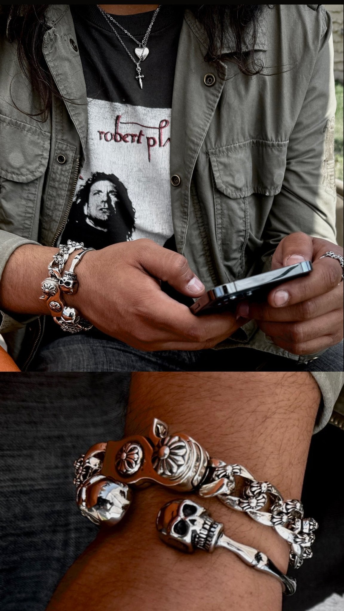 Double Headed Skull Bracelet - Handmade Rust